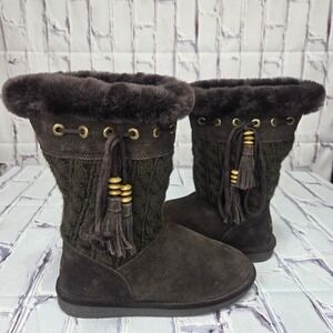 Bearpaw Womens Brown Suede Cable Knit‎ Tassel Faux Fur Winter Boots Size 7 Comfy